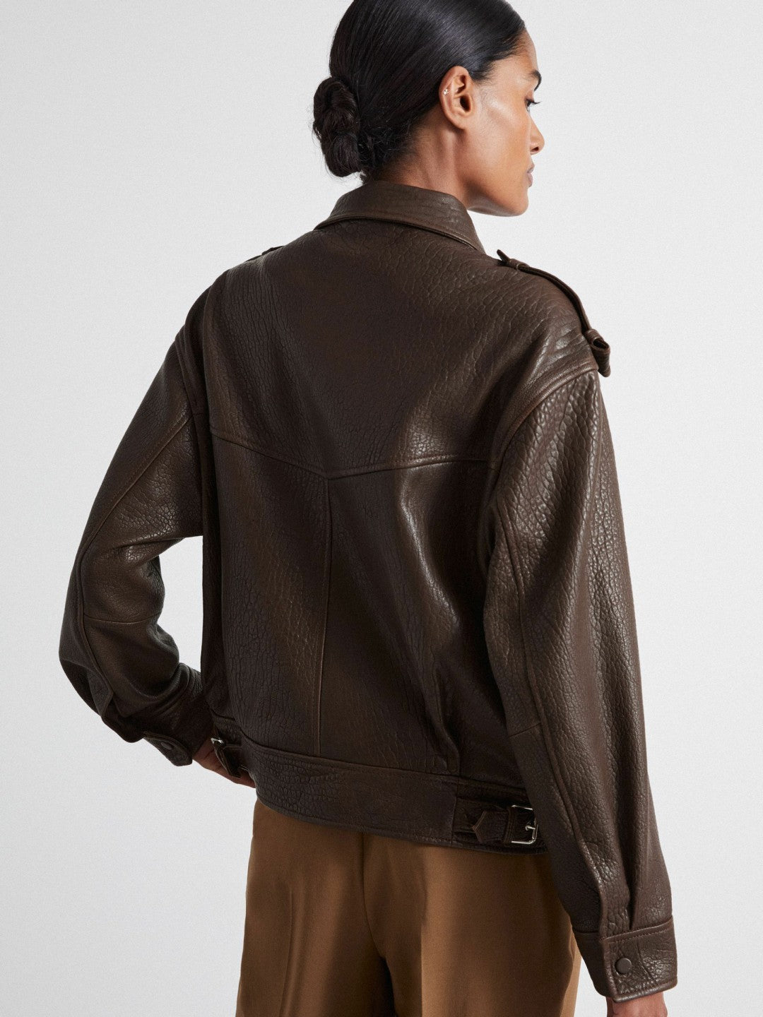 Reiss Offer - Atelier Grained Leather Jacket in Chocolate