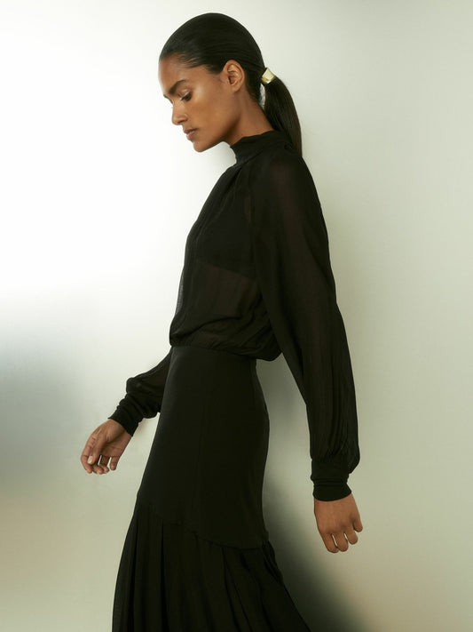 Reiss Sheer Jersey Gathered Maxi Dress in Black