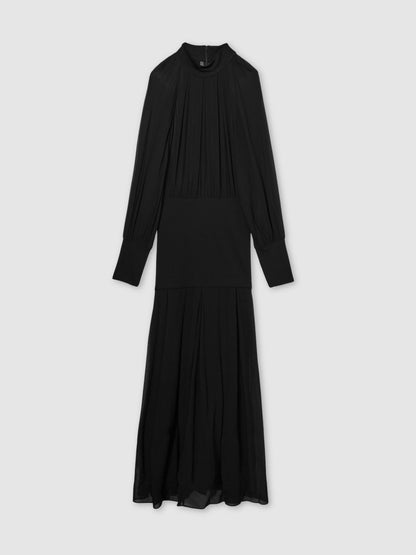 Reiss Sheer Jersey Gathered Maxi Dress in Black
