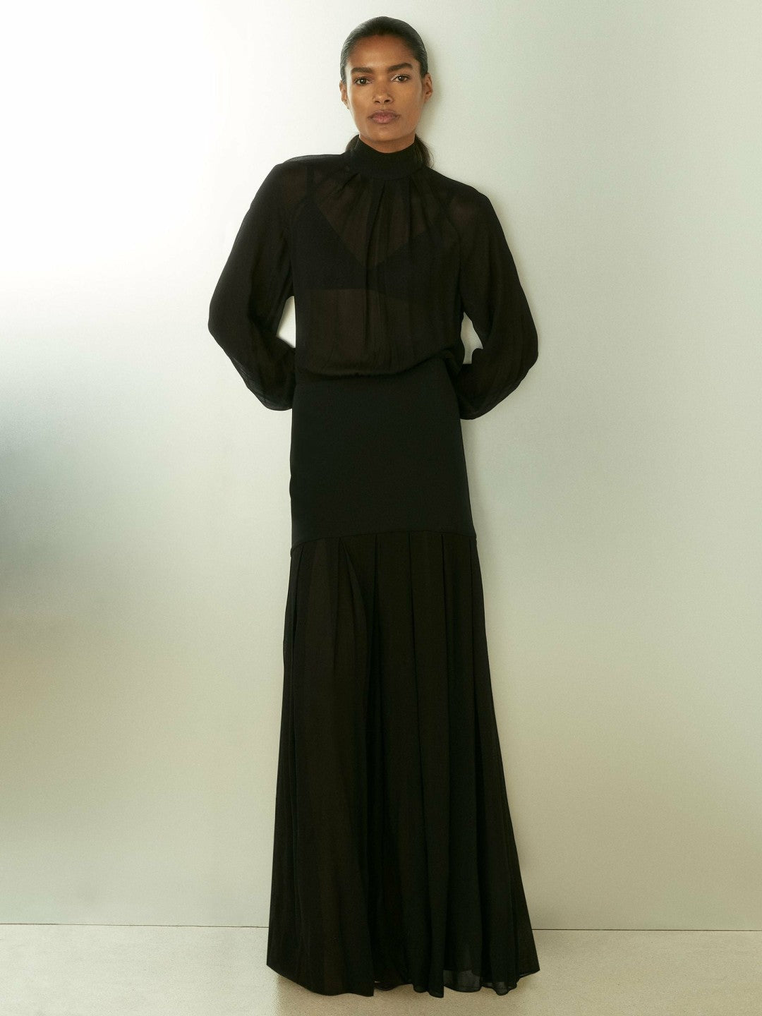 Reiss Sheer Jersey Gathered Maxi Dress in Black
