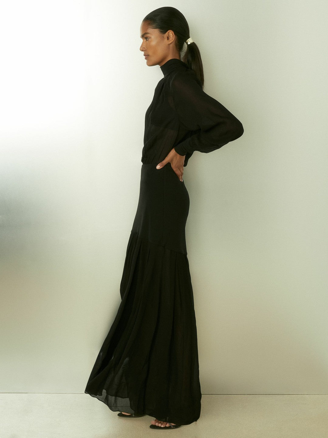 Reiss Sheer Jersey Gathered Maxi Dress in Black