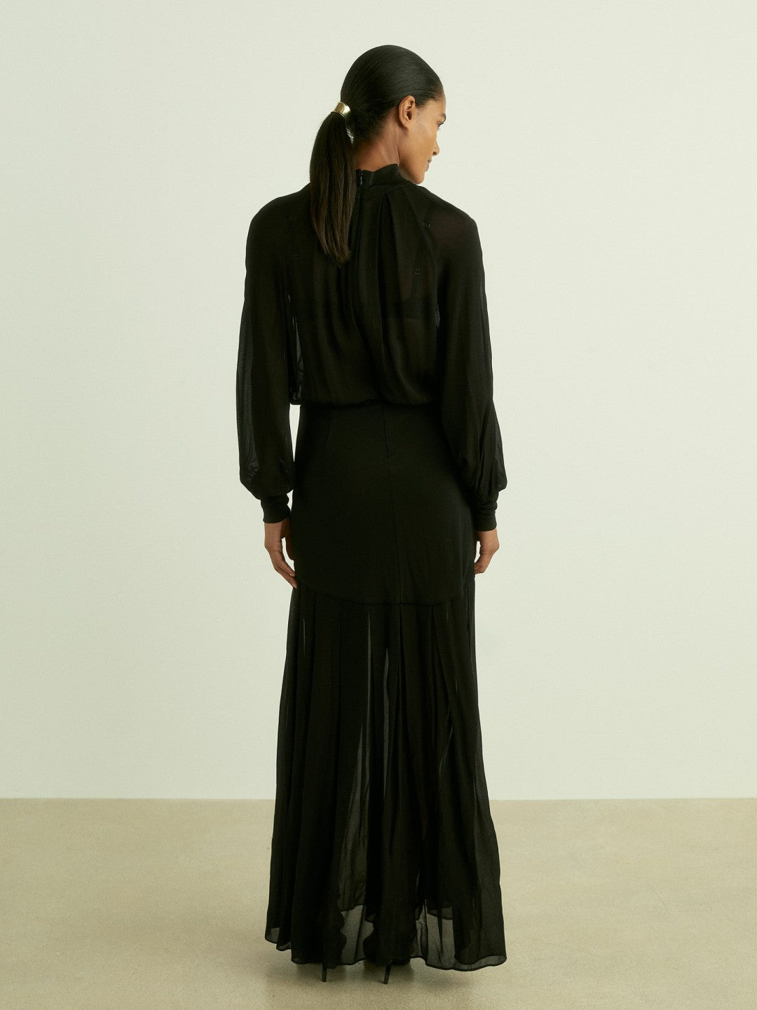 Reiss Sheer Jersey Gathered Maxi Dress in Black
