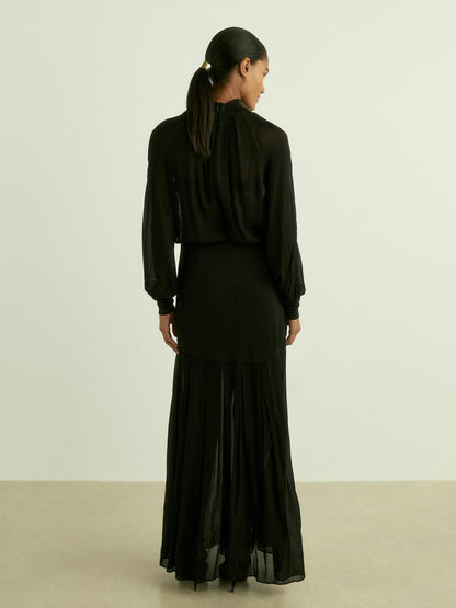Reiss Sheer Jersey Gathered Maxi Dress in Black