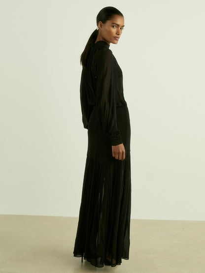 Reiss Sheer Jersey Gathered Maxi Dress in Black
