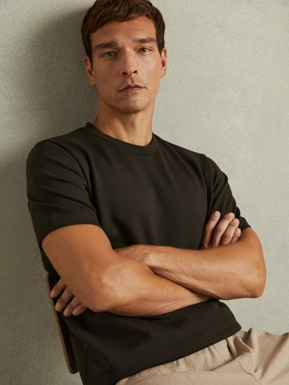 Reiss Interlock Jersey Crew Neck T-Shirt in Chocolate Brown
