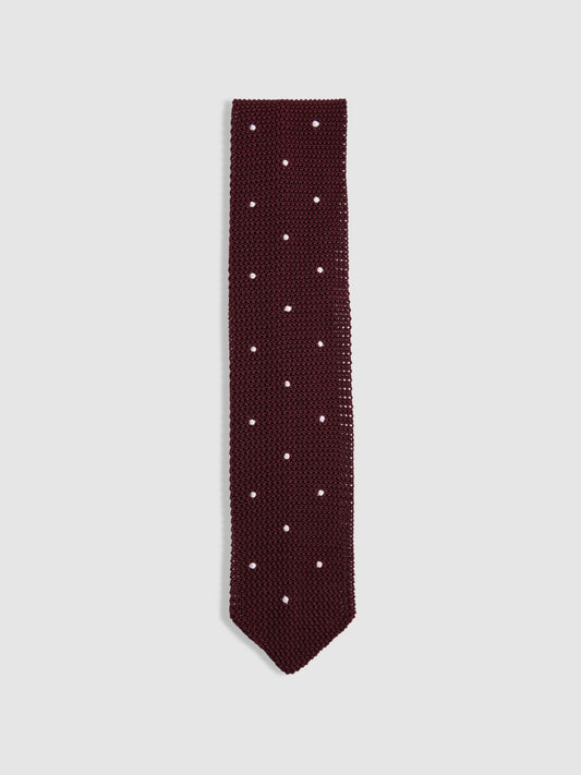 Reiss Value - Silk Knitted Pin-Dot Tie in Burgundy