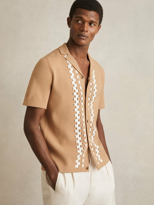 Reiss Savings - Geometric Cuban-Collar Knit Shirt in Camel/Off White