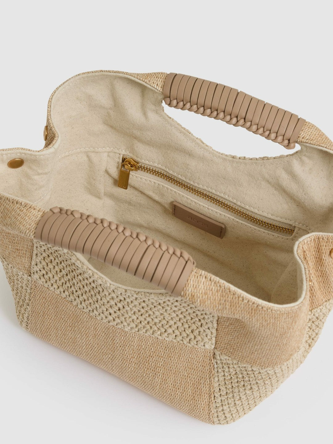 Reiss Deal - Raffia Patchwork Clutch Bag in Natural