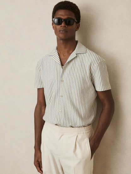 Reiss Textured-Stripe Cuban-Collar Shirt in White/Soft Blue