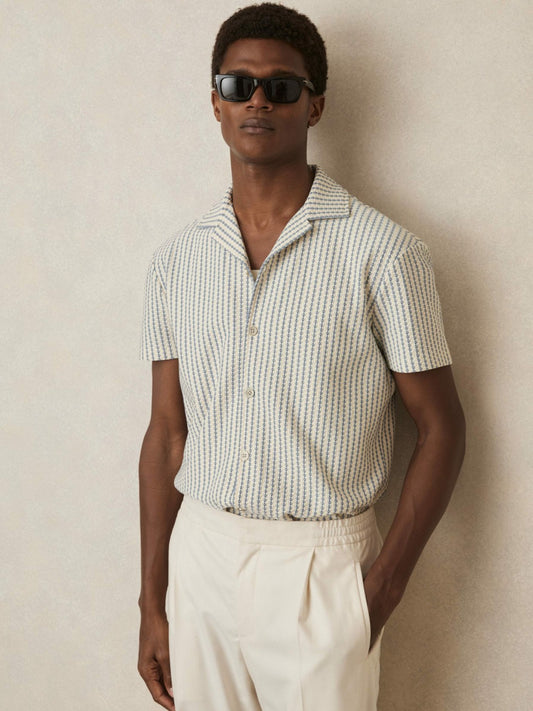 Reiss Deal - Textured-Stripe Cuban-Collar Shirt in White/Soft Blue
