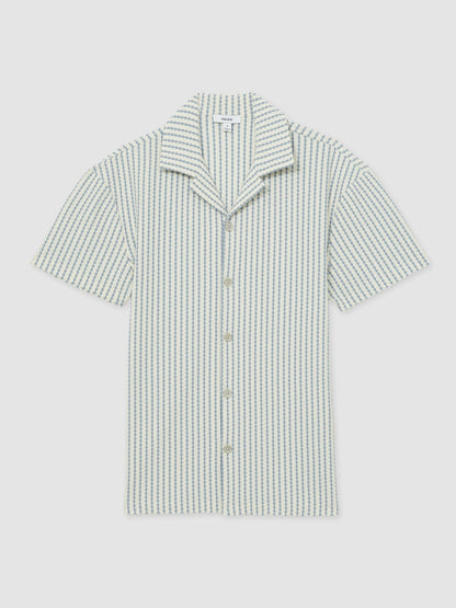Reiss Textured-Stripe Cuban-Collar Shirt in White/Soft Blue