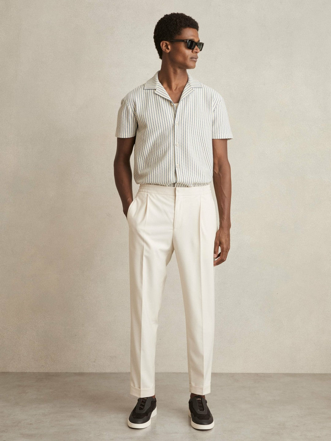 Reiss Textured-Stripe Cuban-Collar Shirt in White/Soft Blue