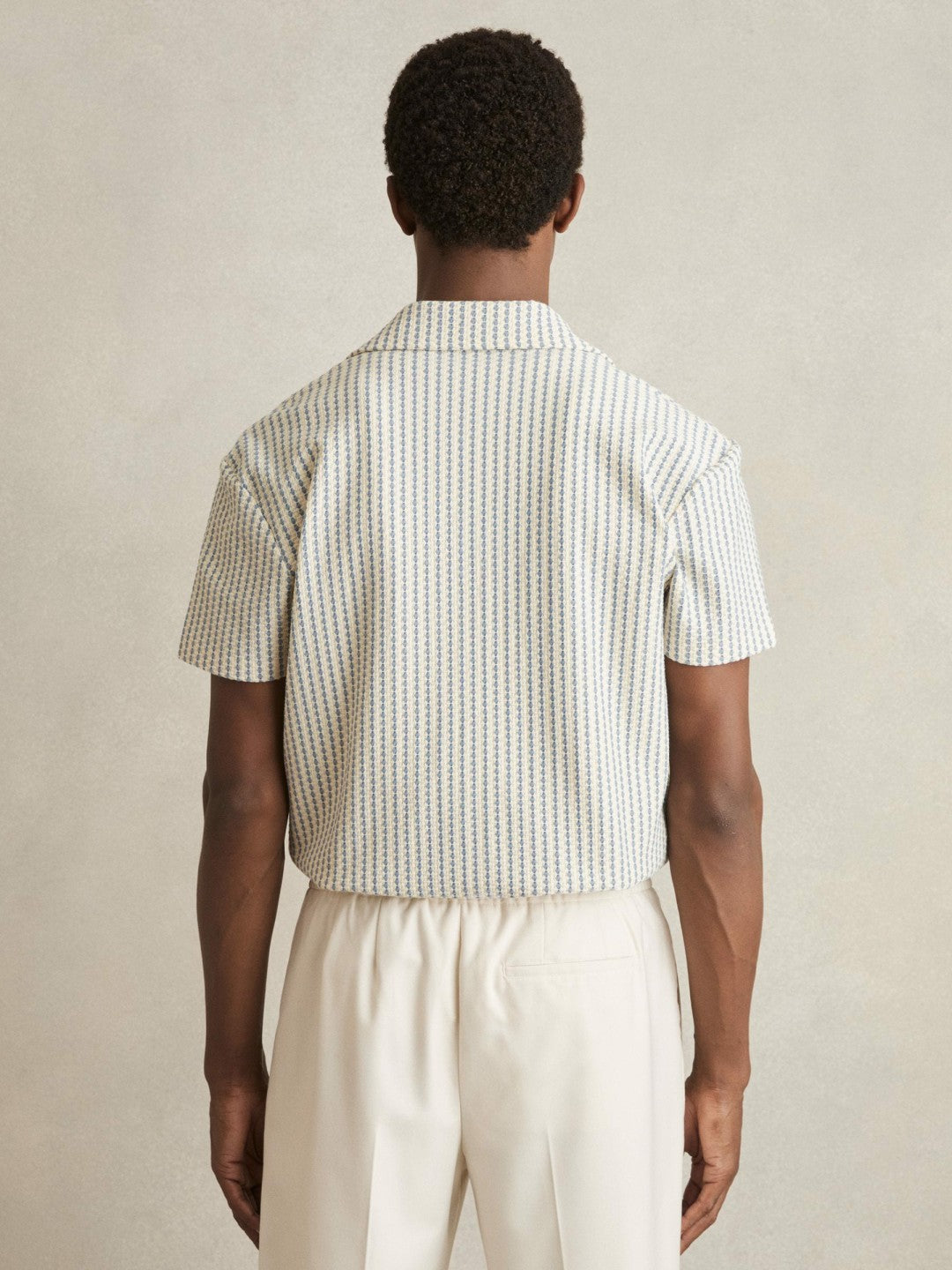 Reiss Textured-Stripe Cuban-Collar Shirt in White/Soft Blue