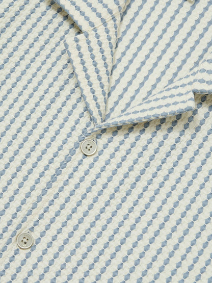 Reiss Textured-Stripe Cuban-Collar Shirt in White/Soft Blue