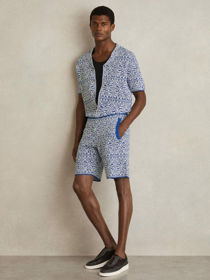 Reiss Best Seller - Tile Pattern Knit Shorts in Blue/White
