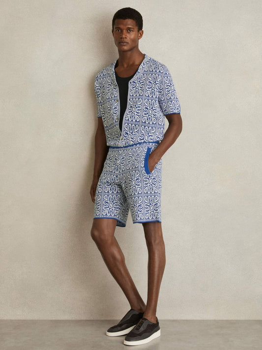 Reiss Best Seller - Tile Pattern Knit Shorts in Blue/White