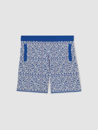 Reiss Best Seller - Tile Pattern Knit Shorts in Blue/White