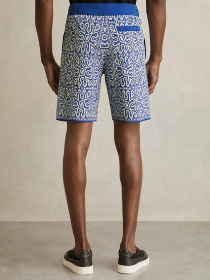 Reiss Best Seller - Tile Pattern Knit Shorts in Blue/White