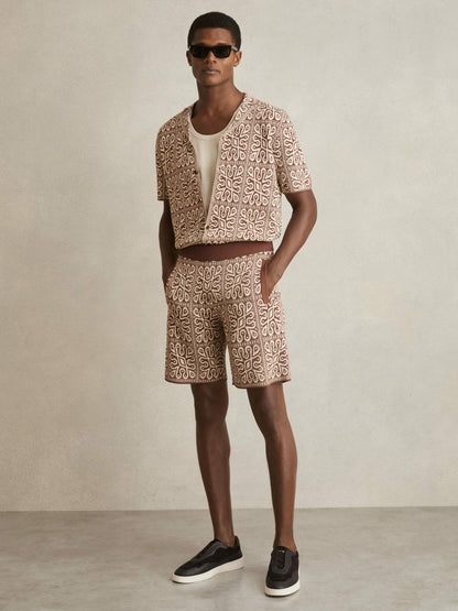 Reiss Sale - Tile Pattern Knit Shorts in Brown/White