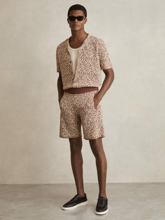 Reiss Sale - Tile Pattern Knit Shorts in Brown/White