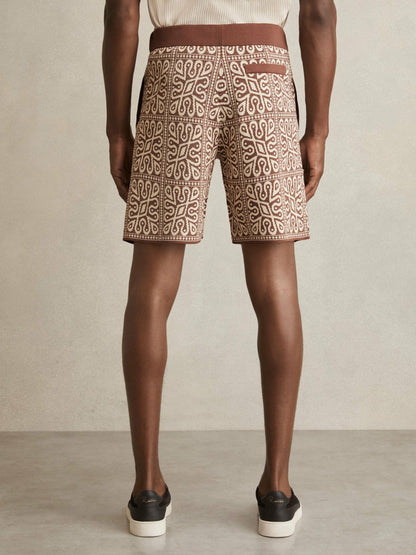 Reiss Sale - Tile Pattern Knit Shorts in Brown/White