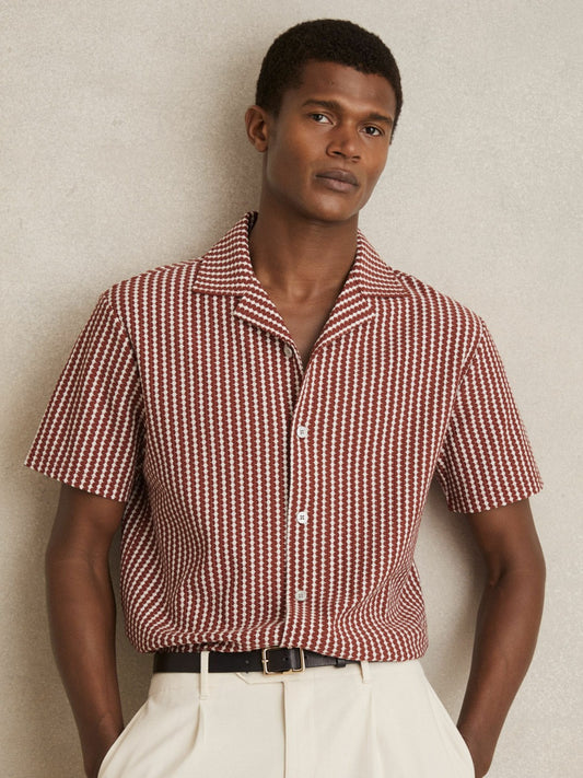 Reiss Textured-Stripe Cuban-Collar Shirt in Rust Red/White