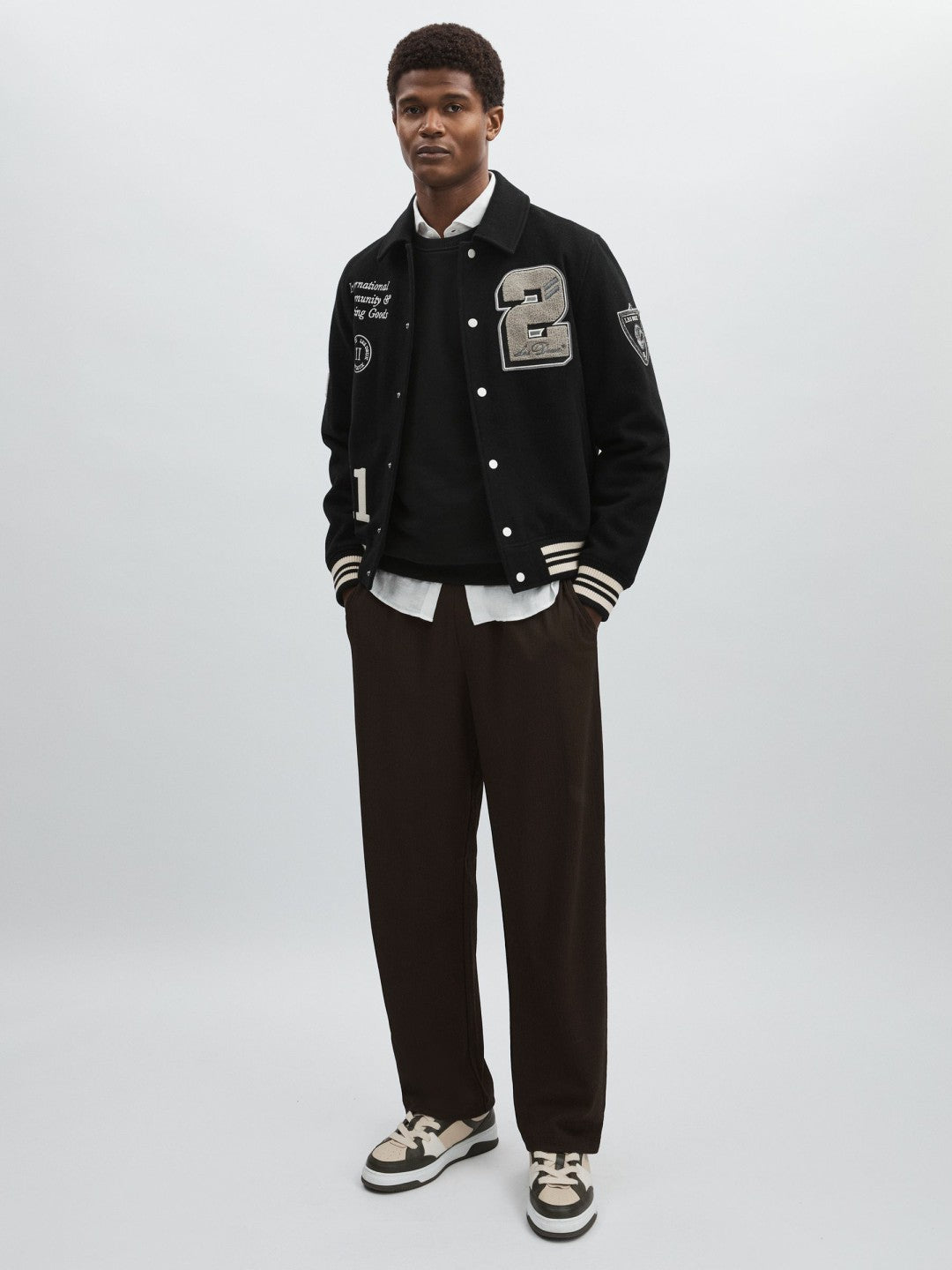 Reiss Popular Choice - Les Deux Wool-Blend Varsity Jacket in Black