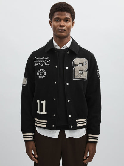 Reiss Popular Choice - Les Deux Wool-Blend Varsity Jacket in Black