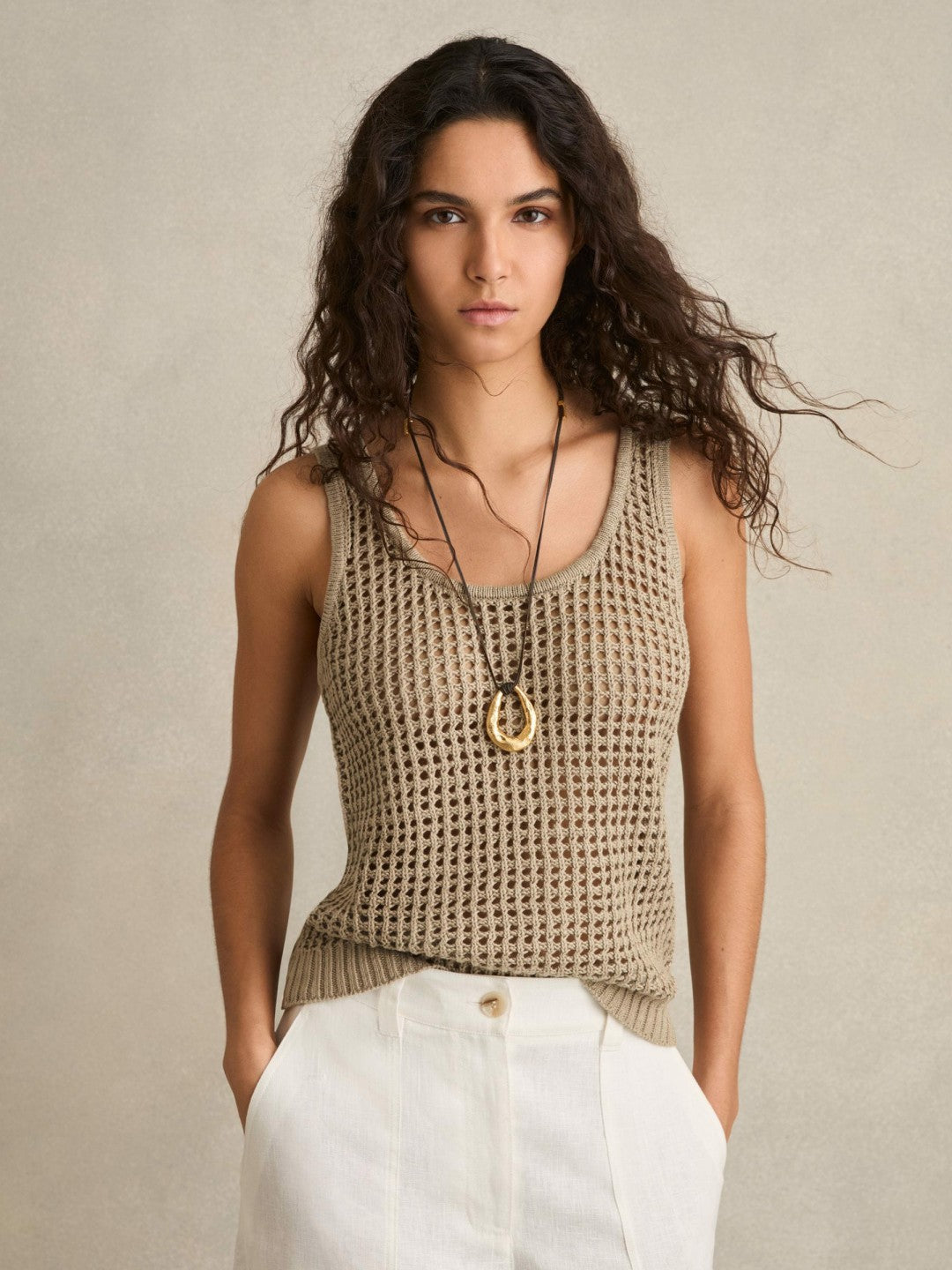 Reiss Linen Open Knit Vest in Stone