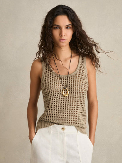 Reiss Linen Open Knit Vest in Stone