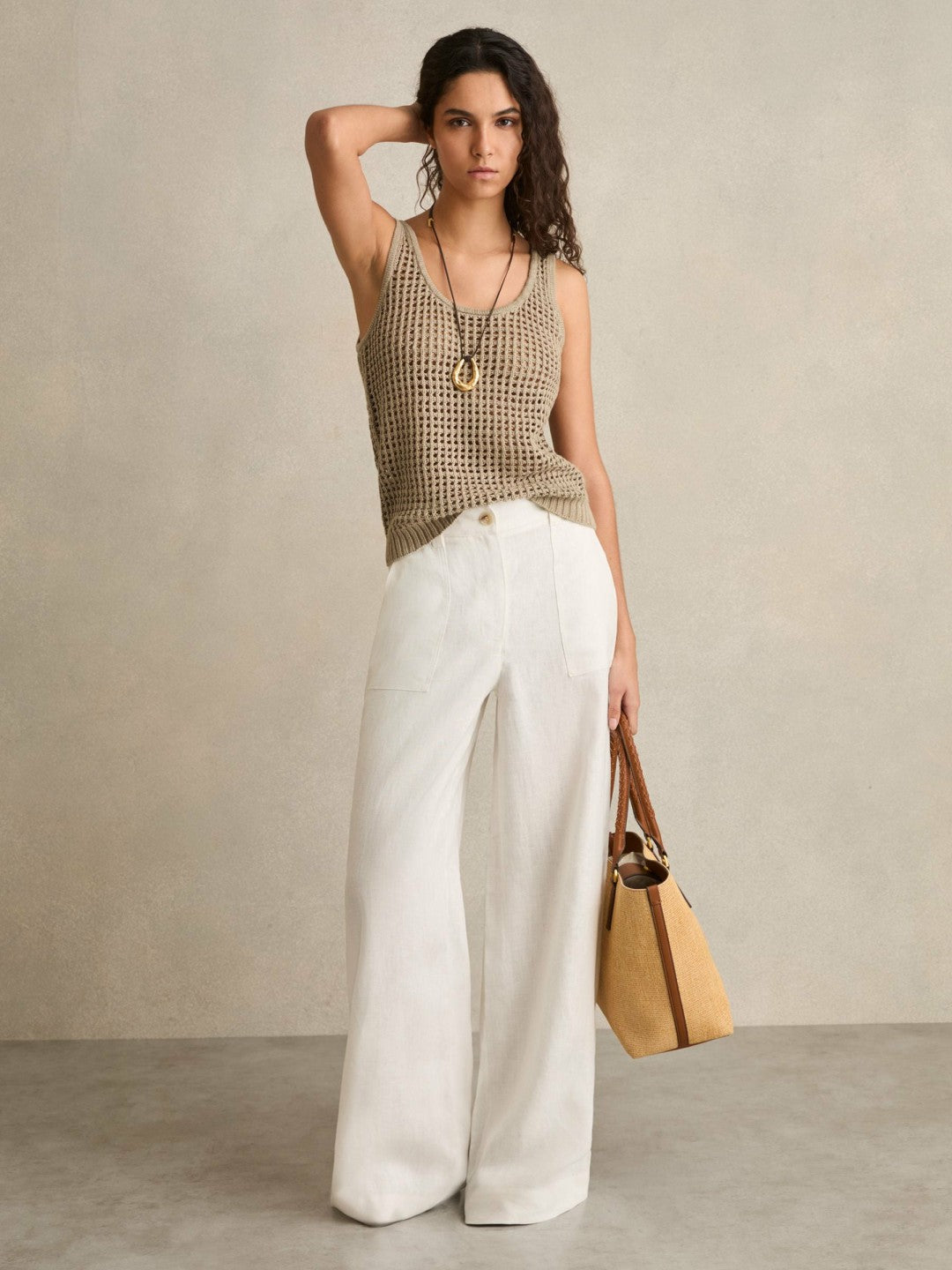 Reiss Linen Open Knit Vest in Stone