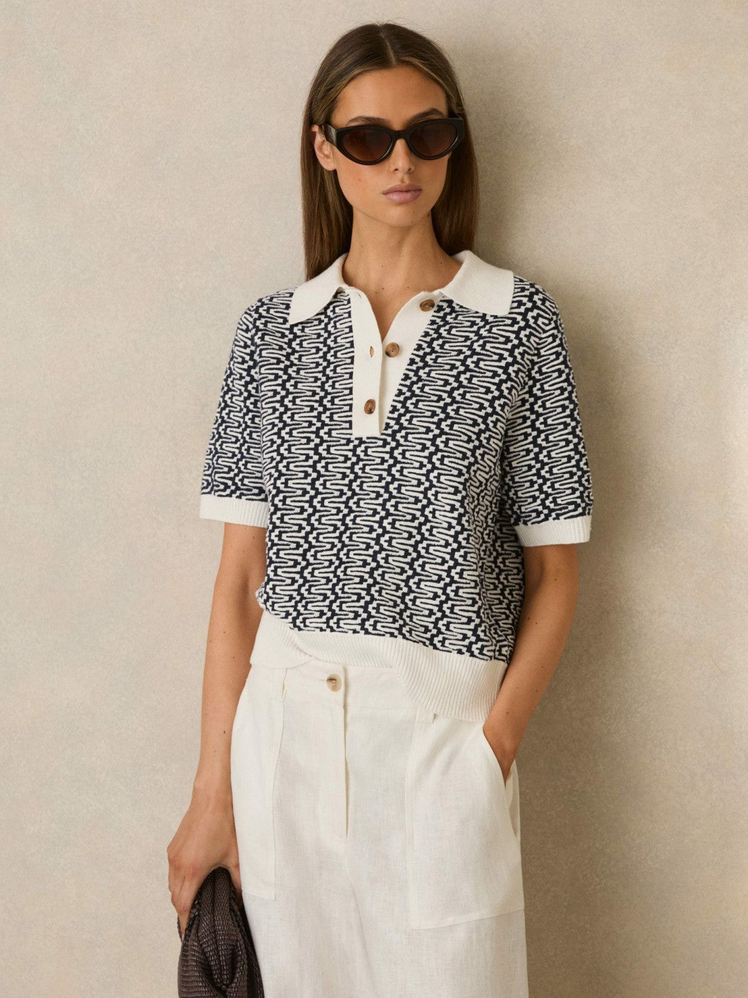 Reiss Deal - Zig-Zag Knit Polo Shirt in Blue/Ivory