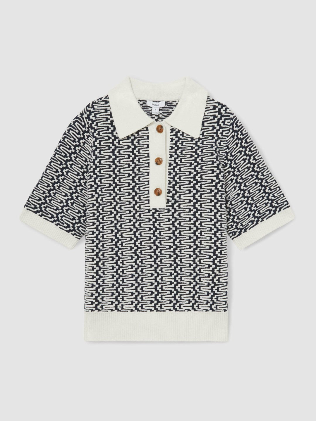 Reiss Deal - Zig-Zag Knit Polo Shirt in Blue/Ivory