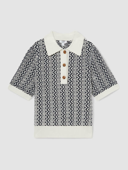 Reiss Deal - Zig-Zag Knit Polo Shirt in Blue/Ivory
