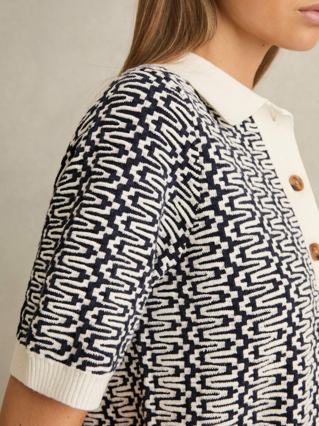 Reiss Deal - Zig-Zag Knit Polo Shirt in Blue/Ivory