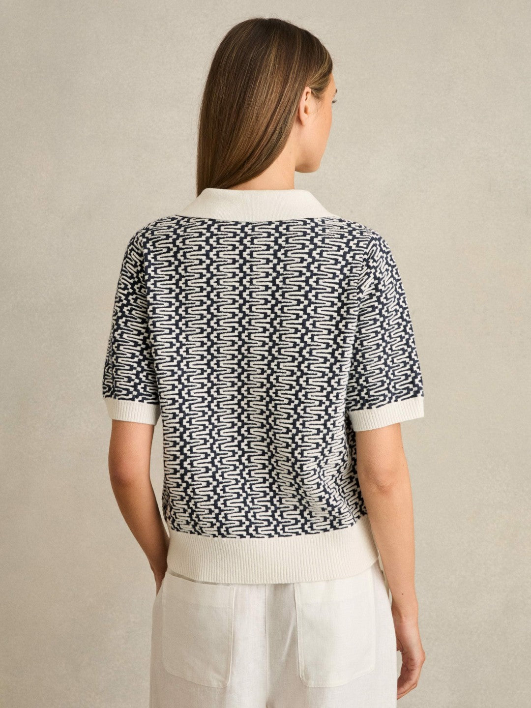 Reiss Deal - Zig-Zag Knit Polo Shirt in Blue/Ivory