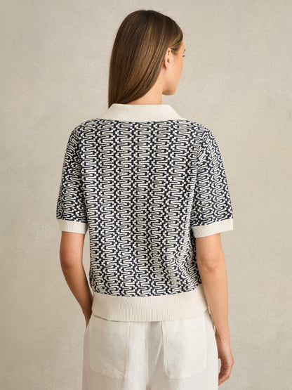 Reiss Deal - Zig-Zag Knit Polo Shirt in Blue/Ivory