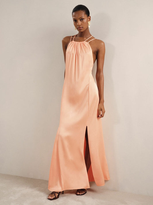 Reiss Popular Choice - Petite Satin Halterneck Maxi Dress in Peach