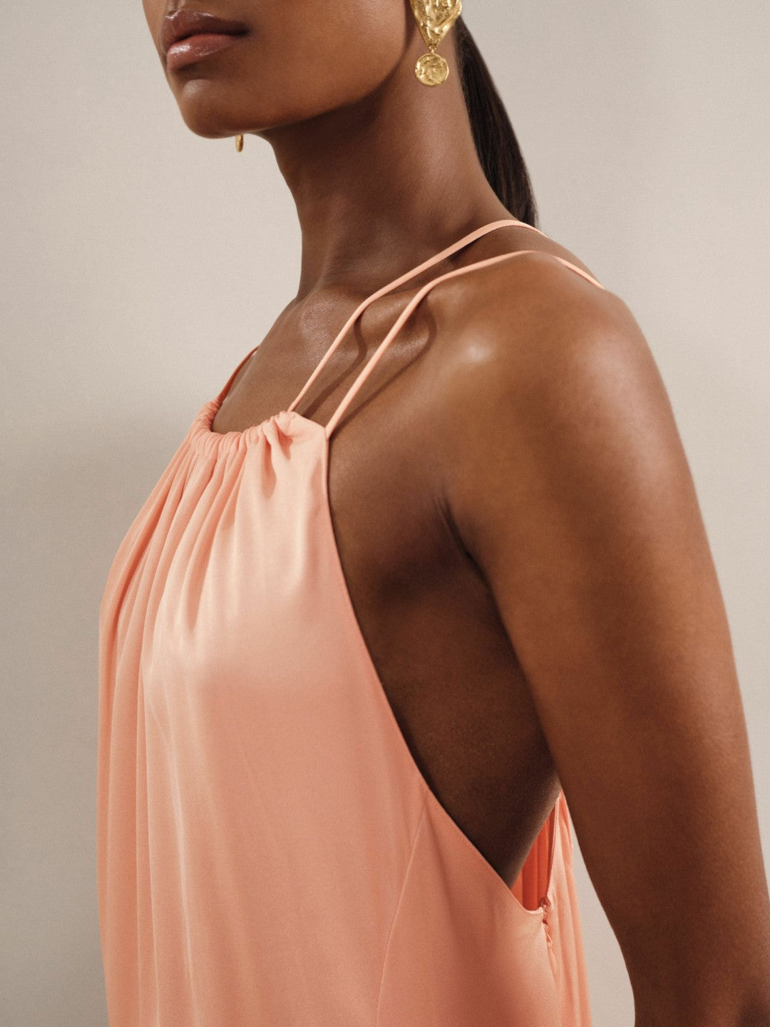 Reiss Popular Choice - Petite Satin Halterneck Maxi Dress in Peach