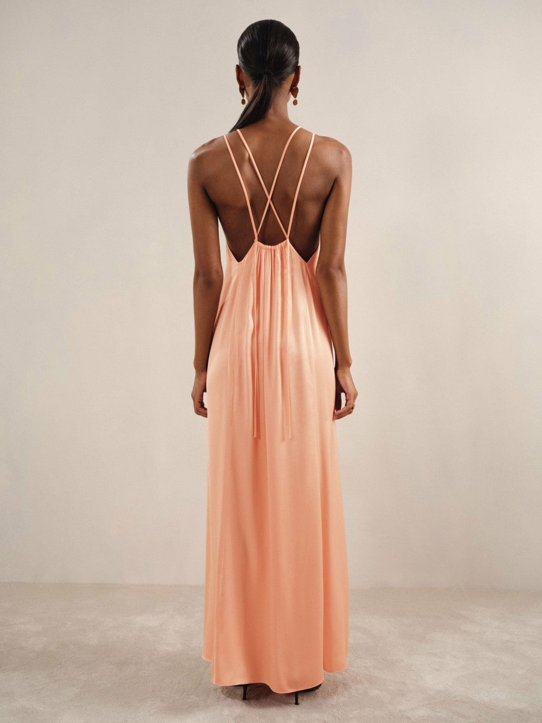 Reiss Popular Choice - Petite Satin Halterneck Maxi Dress in Peach