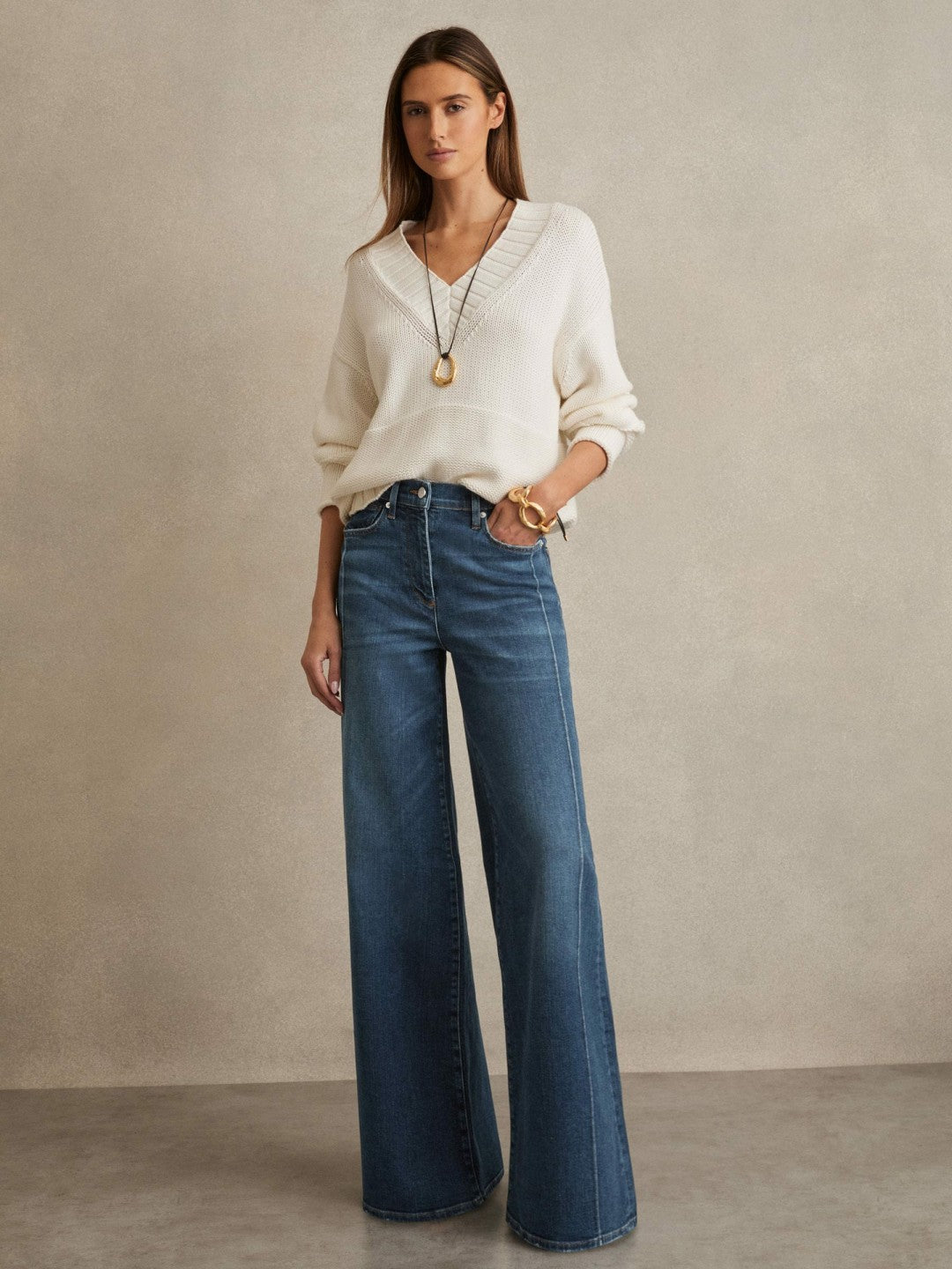 Reiss Petite Stretch-Cotton Wide-Leg Jeans in Mid Blue
