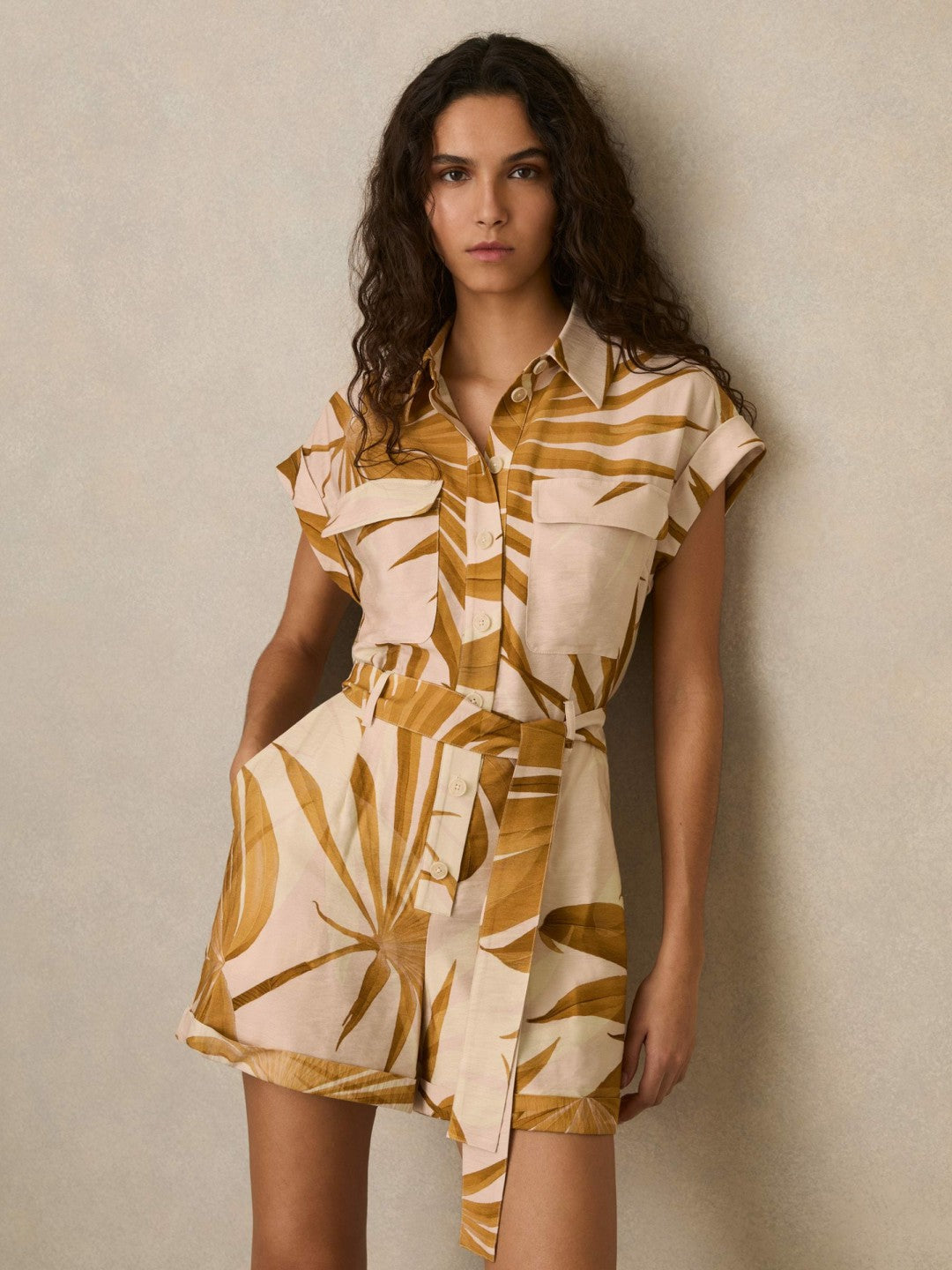 Reiss Offer - Palm Print Belted Playsuit in Neutral