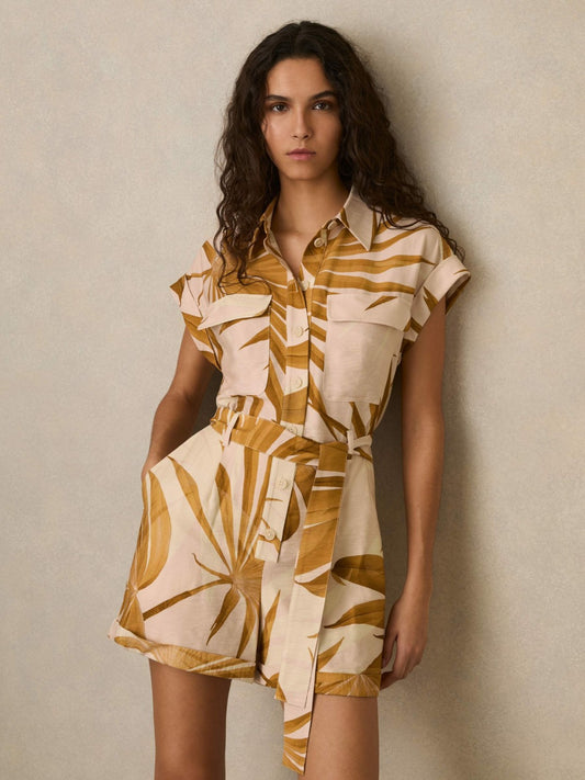 Reiss Offer - Palm Print Belted Playsuit in Neutral