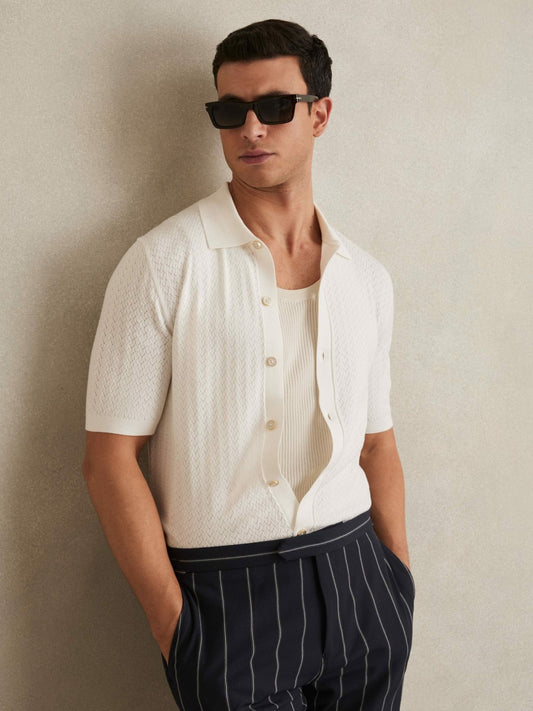 Reiss Savings - Textured Knit Button-Through Shirt in White
