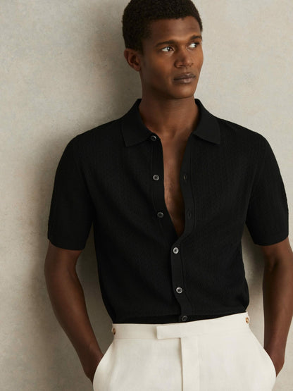 Reiss Popular Choice - Textured Knit Button-Through Shirt in Black