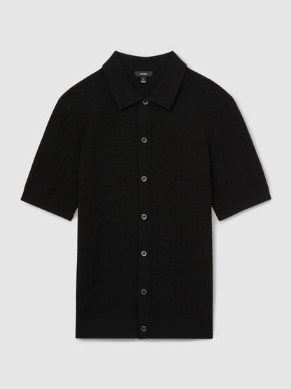Reiss Popular Choice - Textured Knit Button-Through Shirt in Black