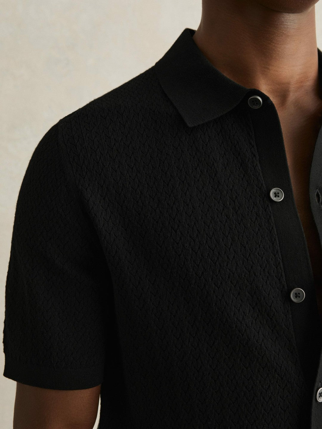 Reiss Popular Choice - Textured Knit Button-Through Shirt in Black