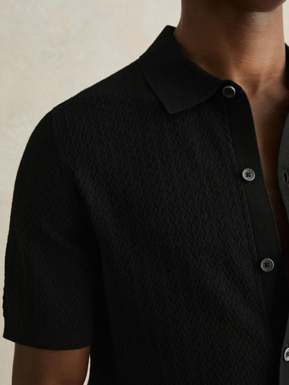 Reiss Popular Choice - Textured Knit Button-Through Shirt in Black