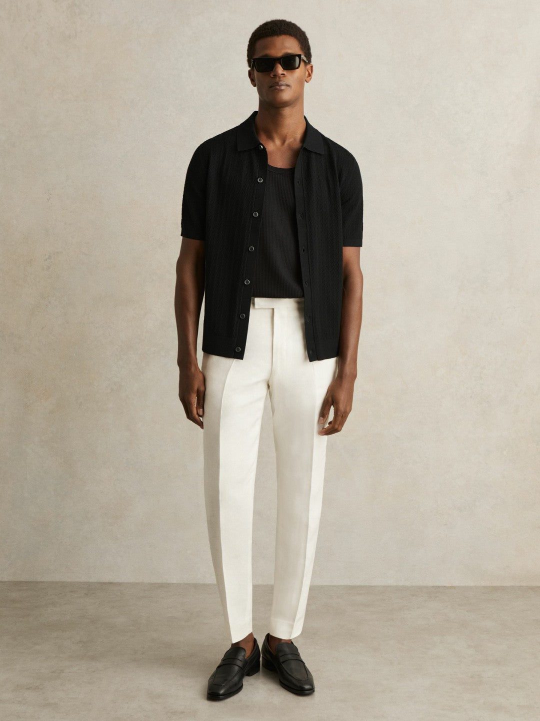 Reiss Popular Choice - Textured Knit Button-Through Shirt in Black