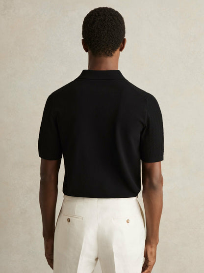 Reiss Popular Choice - Textured Knit Button-Through Shirt in Black